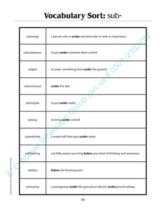 53
Vocabulary Sort: sub-
submerge a person who is under someone else in rank or importance
subcutaneous to put under someone else’s control
subject to water something from under the ground
subconscious under the skin
subirrigate to put under water
subway to bring under control
subordinate a watercraft that stays under water
subfreezing not fully aware;occurring below your level of thinking and awareness
subdue below the freezing point
submarine a passageway under the ground;an electric underground railway
PrefixesandSuffixes©2004CreativeTeachingPressA.Q
AbbasiW
hatsapp
G
roup
join
us
#
0301-2383762
 