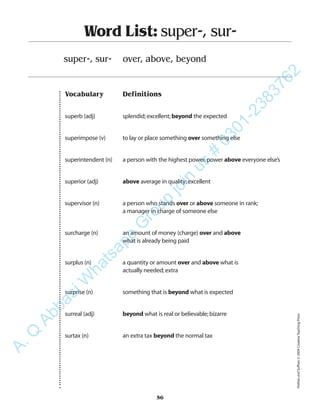 Vocabulary Definitions
superb (adj) splendid;excellent;beyond the expected
superimpose (v) to lay or place something over something else
superintendent (n) a person with the highest power,power above everyone else’s
superior (adj) above average in quality;excellent
supervisor (n) a person who stands over or above someone in rank;
a manager in charge of someone else
surcharge (n) an amount of money (charge) over and above
what is already being paid
surplus (n) a quantity or amount over and above what is
actually needed;extra
surprise (n) something that is beyond what is expected
surreal (adj) beyond what is real or believable;bizarre
surtax (n) an extra tax beyond the normal tax
Word List: super-, sur-
super-, sur- over, above, beyond
56
PrefixesandSuffixes©2004CreativeTeachingPress
A.Q
AbbasiW
hatsapp
G
roup
join
us
#
0301-2383762
 