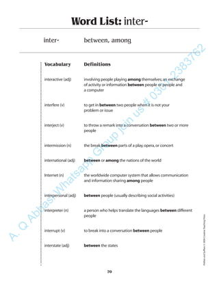 Vocabulary Definitions
interactive (adj) involving people playing among themselves;an exchange
of activity or information between people or people and
a computer
interfere (v) to get in between two people when it is not your
problem or issue
interject (v) to throw a remark into a conversation between two or more
people
intermission (n) the break between parts of a play,opera,or concert
international (adj) between or among the nations of the world
Internet (n) the worldwide computer system that allows communication
and information sharing among people
interpersonal (adj) between people (usually describing social activities)
interpreter (n) a person who helps translate the languages between different
people
interrupt (v) to break into a conversation between people
interstate (adj) between the states
Word List: inter-
inter- between, among
70
PrefixesandSuffixes©2004CreativeTeachingPress
A.Q
AbbasiW
hatsapp
G
roup
join
us
#
0301-2383762
 