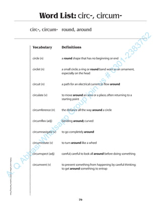 Vocabulary Definitions
circle (n) a round shape that has no beginning or end
circlet (n) a small circle;a ring or round band worn as an ornament,
especially on the head
circuit (n) a path for an electrical current to flow around
circulate (v) to move around an area or a place,often returning to a
starting point
circumference (n) the distance all the way around a circle
circumflex (adj) bending around; curved
circumnavigate (v) to go completely around
circumrotate (v) to turn around like a wheel
circumspect (adj) careful;careful to look all around before doing something
circumvent (v) to prevent something from happening by careful thinking;
to get around something;to entrap
Word List: circ-, circum-
circ-, circum- round, around
79
PrefixesandSuffixes©2004CreativeTeachingPressA.Q
AbbasiW
hatsapp
G
roup
join
us
#
0301-2383762
 