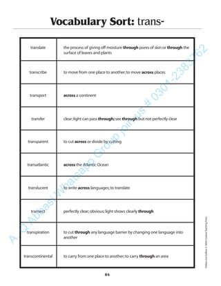 84
Vocabulary Sort: trans-
translate the process of giving off moisture through pores of skin or through the
surface of leaves and plants
transcribe to move from one place to another;to move across places
transport across a continent
transfer clear;light can pass through; see through but not perfectly clear
transparent to cut across or divide by cutting
transatlantic across the Atlantic Ocean
translucent to write across languages;to translate
transect perfectly clear;obvious;light shows clearly through
transpiration to cut through any language barrier by changing one language into
another
transcontinental to carry from one place to another;to carry through an area
PrefixesandSuffixes©2004CreativeTeachingPress
A.Q
AbbasiW
hatsapp
G
roup
join
us
#
0301-2383762
 