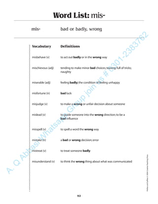 Vocabulary Definitions
misbehave (v) to act out badly or in the wrong way
mischievous (adj) tending to make minor bad choices;teasing;full of tricks;
naughty
miserable (adj) feeling badly; the condition of feeling unhappy
misfortune (n) bad luck
misjudge (v) to make a wrong or unfair decision about someone
mislead (v) to guide someone into the wrong direction;to be a
bad influence
misspell (v) to spell a word the wrong way
mistake (n) a bad or wrong decision;error
mistreat (v) to treat someone badly
misunderstand (v) to think the wrong thing about what was communicated
Word List: mis-
mis- bad or badly, wrong
92
PrefixesandSuffixes©2004CreativeTeachingPress
A.Q
AbbasiW
hatsapp
G
roup
join
us
#
0301-2383762
 