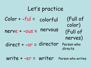 Let’s practice
Color + -ful = colorful        (Full of
                               color)
nerve + -ous = nervous        (Full of
                              nerves)
direct + -or = director     Person who
                            directs

write + -er = writer      Person who writes
 