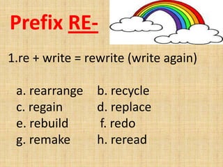 Prefix RE-
1.re + write = rewrite (write again)

 a. rearrange   b. recycle
 c. regain      d. replace
 e. rebuild     f. redo
 g. remake      h. reread
 