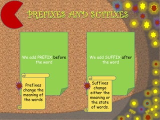 We add PREFIX before
the word
We add SUFFIX after
the word
Prefixes
change the
meaning of
the words
Suffixes
change
either the
meaning or
the state
of words.
 