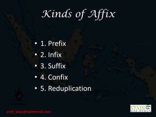 Kinds of Affix


               •   1. Prefix
               •   2. Infix
               •   3. Suffix
               •   4. Confix
               •   5. Reduplication

arief_boyz@rocketmail.com
 