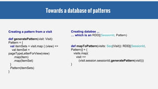 Towards a database of patterns
Creating a pattern from a visit
def generatePattern(visit: Visit):
Pattern = {
val itemSets = visit.map { (view) =>
val itemSet =
pageTypeLetterForView(view)
.map(Item)
.map(ItemSet)
}
Pattern(itemSets)
}
Creating databse ...
… which is an RDD[(SessionId, Pattern)
def mapToPattern(visits: Seq(Visit)): RDD[(SessionId,
Pattern)] = {
visits.map(
visit =>
(visit.session.sessionId,generatePattern(visit)))
}
 