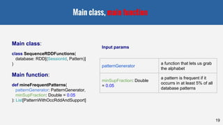Main class, main function
19
Input params
Main class:
class SequenceRDDFunctions(
database: RDD[(SessionId, Pattern)]
)
Main function:
def mineFrequentPatterns(
patternGenerator: PatternGenerator,
minSupFraction: Double = 0.05
): List[PatternWithOccRddAndSupport]
patternGenerator
a function that lets us grab
the alphabet
minSupFraction: Double
= 0.05
a pattern is frequent if it
occurrs in at least 5% of all
database patterns
 