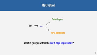 cart . . .
Motivation
54% buyers
46% non-buyers
What is going on within the last 5 page impressions?
5
 