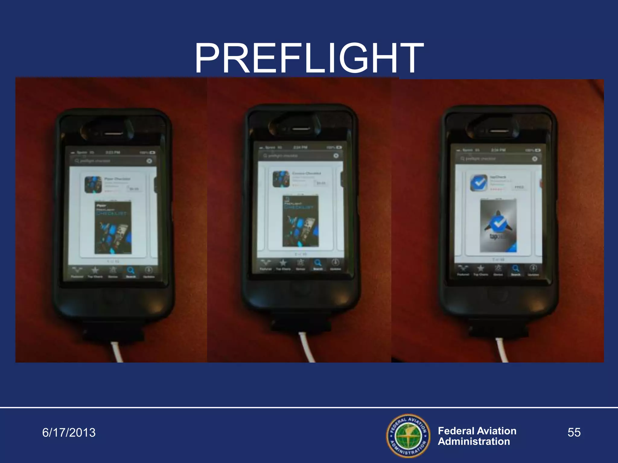 Federal Aviation
Administration
6/17/2013 55
PREFLIGHT
Consider the Manufacturer’s checklist as
the minimum standard to follow.
If you find it is lacking in some areas then
create your own checklist.
Make sure it includes all items on the
Manufacturer’s list and any additional
items you deem necessary.
 