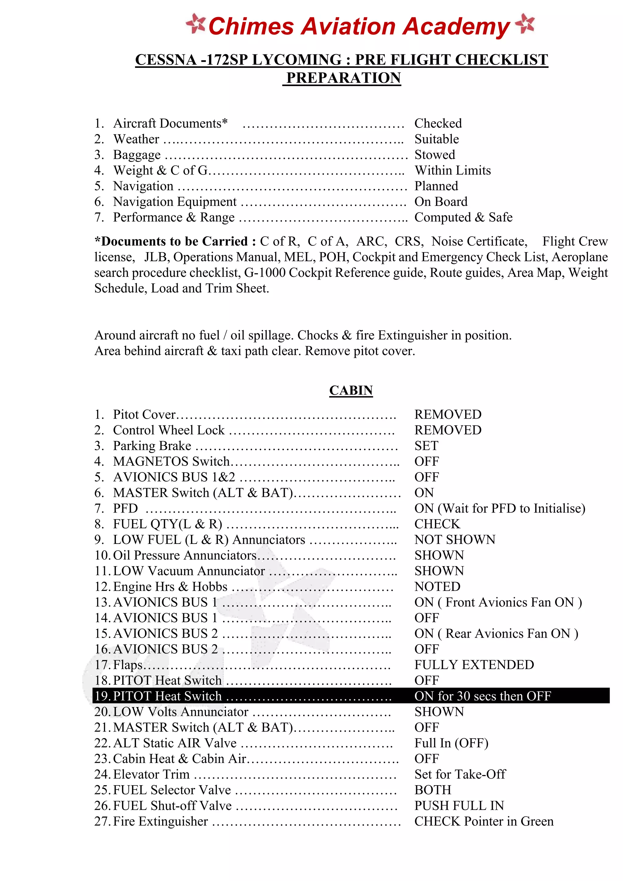 Preflight Checklist CESSNA 172R CHIMES AVIATION ACADEMY 2020 PDF