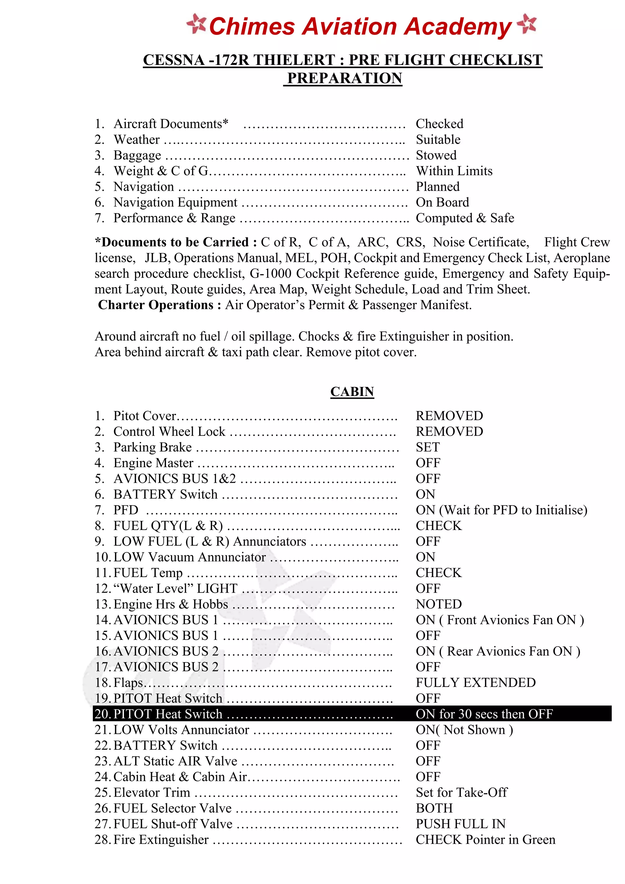 Preflight Checklist CESSNA 172 Thielert CHIMES AVIATION ACADEMY PDF