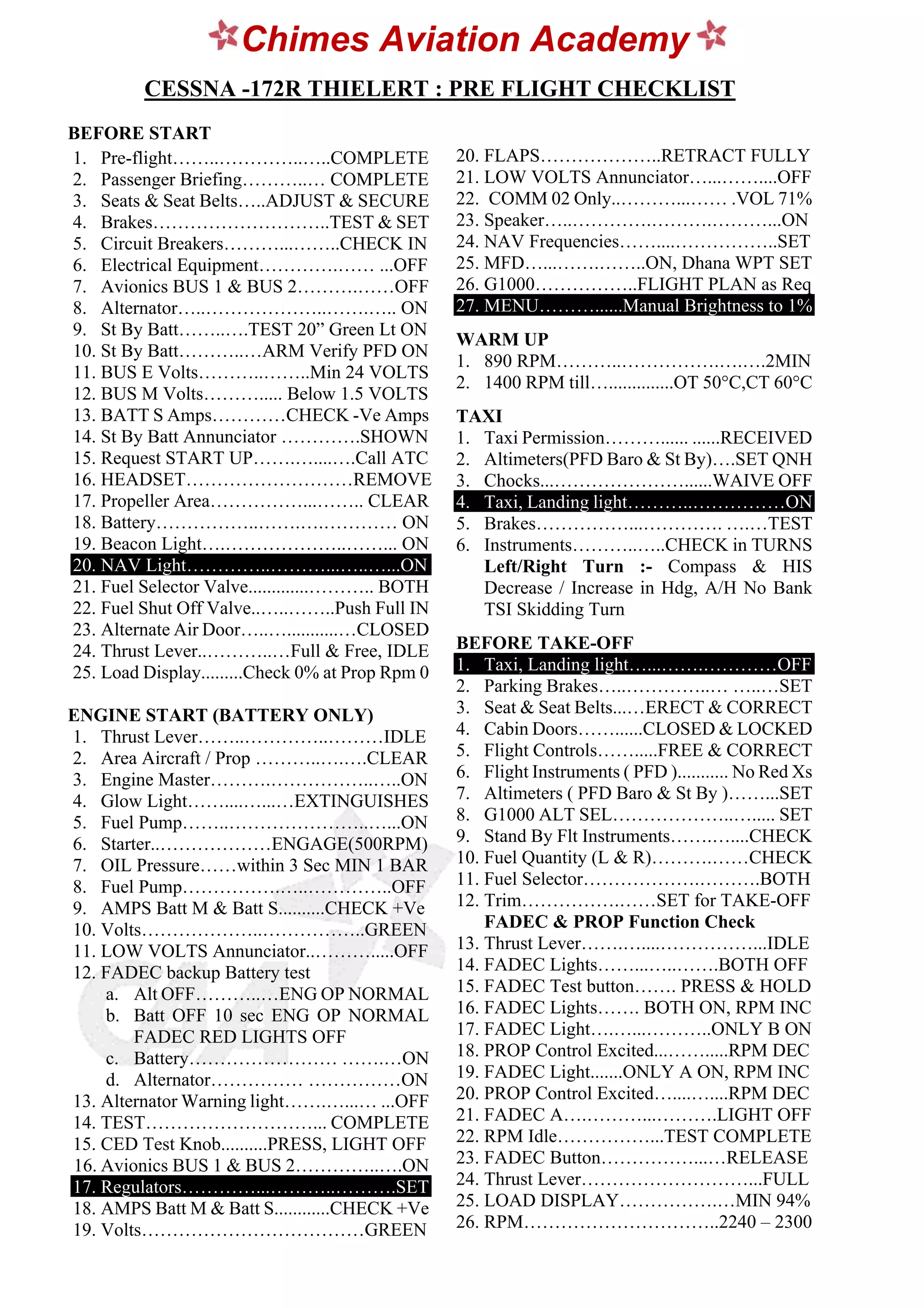 Preflight Checklist CESSNA 172 Thielert CHIMES AVIATION ACADEMY PDF