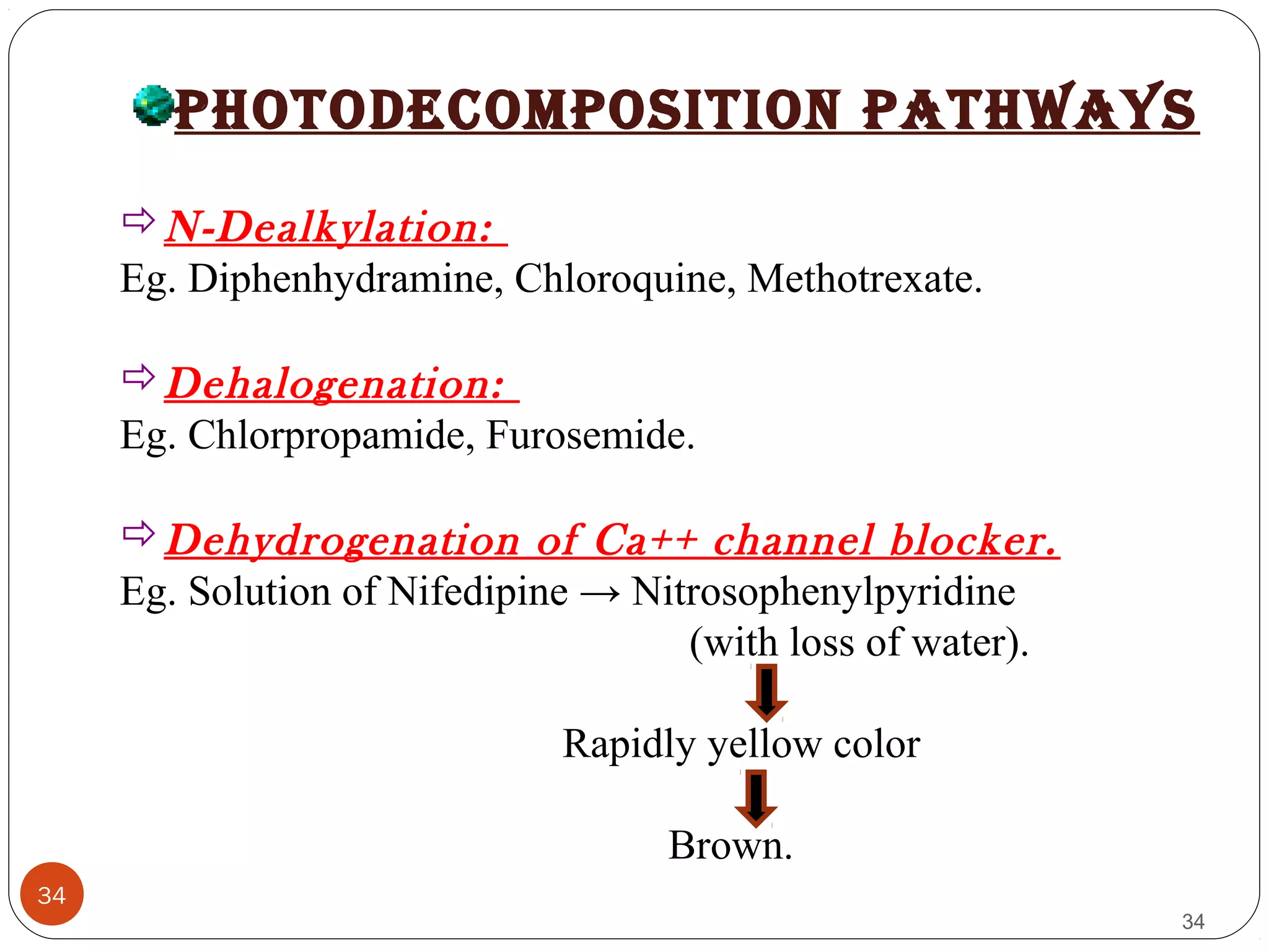 34
34
pHOTODECOMpOSITION pATHWAYS
N-Dealkylation:
Eg. Diphenhydramine, Chloroquine, Methotrexate.
Dehalogenation:
Eg. Chlorpropamide, Furosemide.
Dehydrogenation of Ca++ channel blocker.
Eg. Solution of Nifedipine → Nitrosophenylpyridine
(with loss of water).
Rapidly yellow color
Brown.
 
