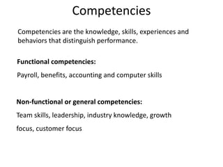 Competencies are the knowledge, skills, experiences and
behaviors that distinguish performance.
Functional competencies:
Payroll, benefits, accounting and computer skills
Competencies
Non-functional or general competencies:
Team skills, leadership, industry knowledge, growth
focus, customer focus
 