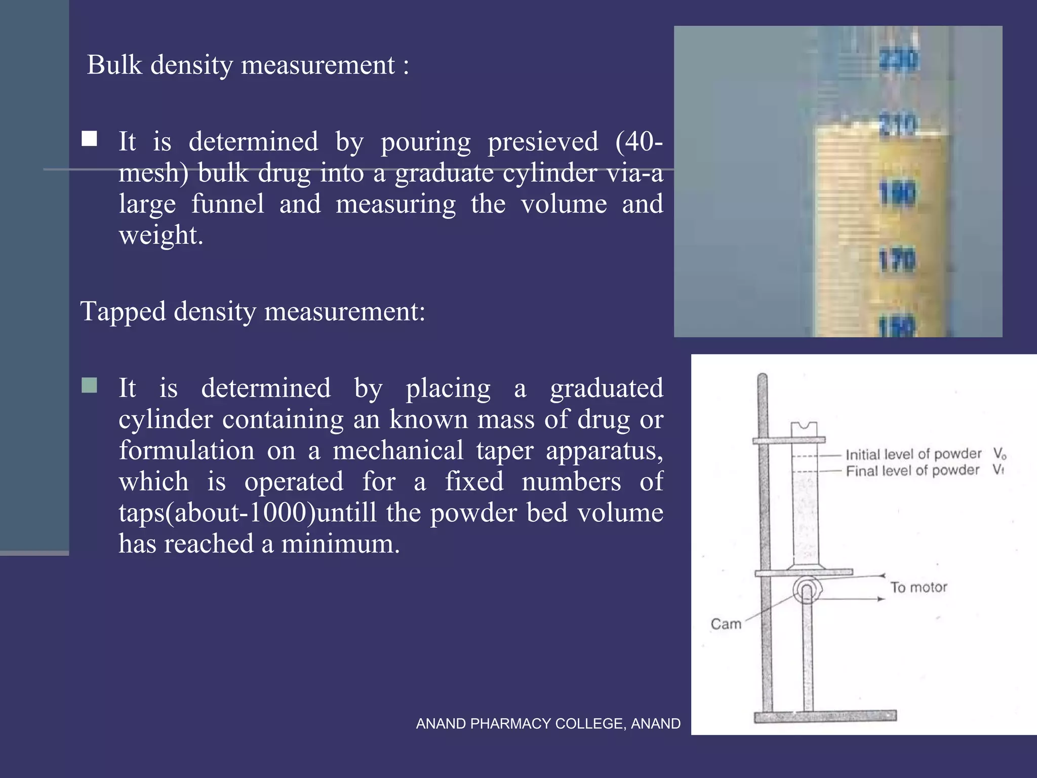 Bulk density measurement :

 It is determined by pouring presieved (40-
   mesh) bulk drug into a graduate cylinder via-a
   large funnel and measuring the volume and
   weight.

Tapped density measurement:

 It is determined by placing a graduated
   cylinder containing an known mass of drug or
   formulation on a mechanical taper apparatus,
   which is operated for a fixed numbers of
   taps(about-1000)untill the powder bed volume
   has reached a minimum.




                             ANAND PHARMACY COLLEGE, ANAND   15
 