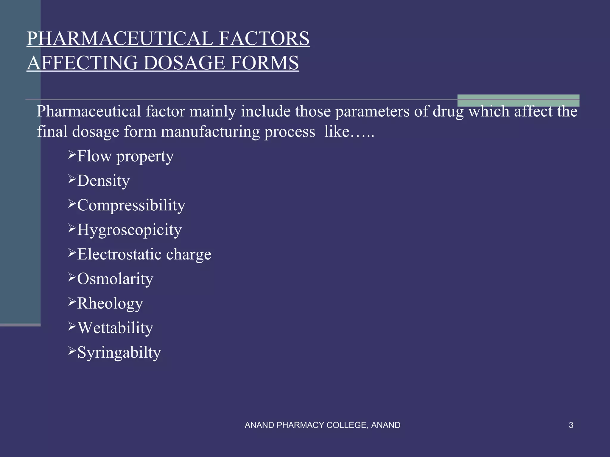 PHARMACEUTICAL FACTORS
AFFECTING DOSAGE FORMS

Pharmaceutical factor mainly include those parameters of drug which affect the
final dosage form manufacturing process like…..
     Flow property
     Density
     Compressibility
     Hygroscopicity
     Electrostatic charge
     Osmolarity
     Rheology
     Wettability
     Syringabilty




                              ANAND PHARMACY COLLEGE, ANAND                 3
 