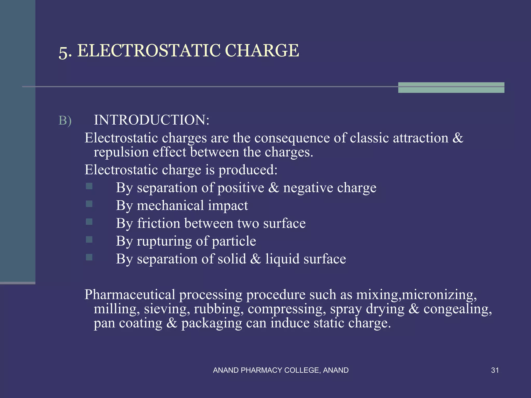 5. ELECTROSTATIC CHARGE


B)     INTRODUCTION:
     Electrostatic charges are the consequence of classic attraction &
       repulsion effect between the charges.
     Electrostatic charge is produced:
         By separation of positive & negative charge
         By mechanical impact
         By friction between two surface
         By rupturing of particle
         By separation of solid & liquid surface

     Pharmaceutical processing procedure such as mixing,micronizing,
      milling, sieving, rubbing, compressing, spray drying & congealing,
      pan coating & packaging can induce static charge.


                           ANAND PHARMACY COLLEGE, ANAND                 31
 