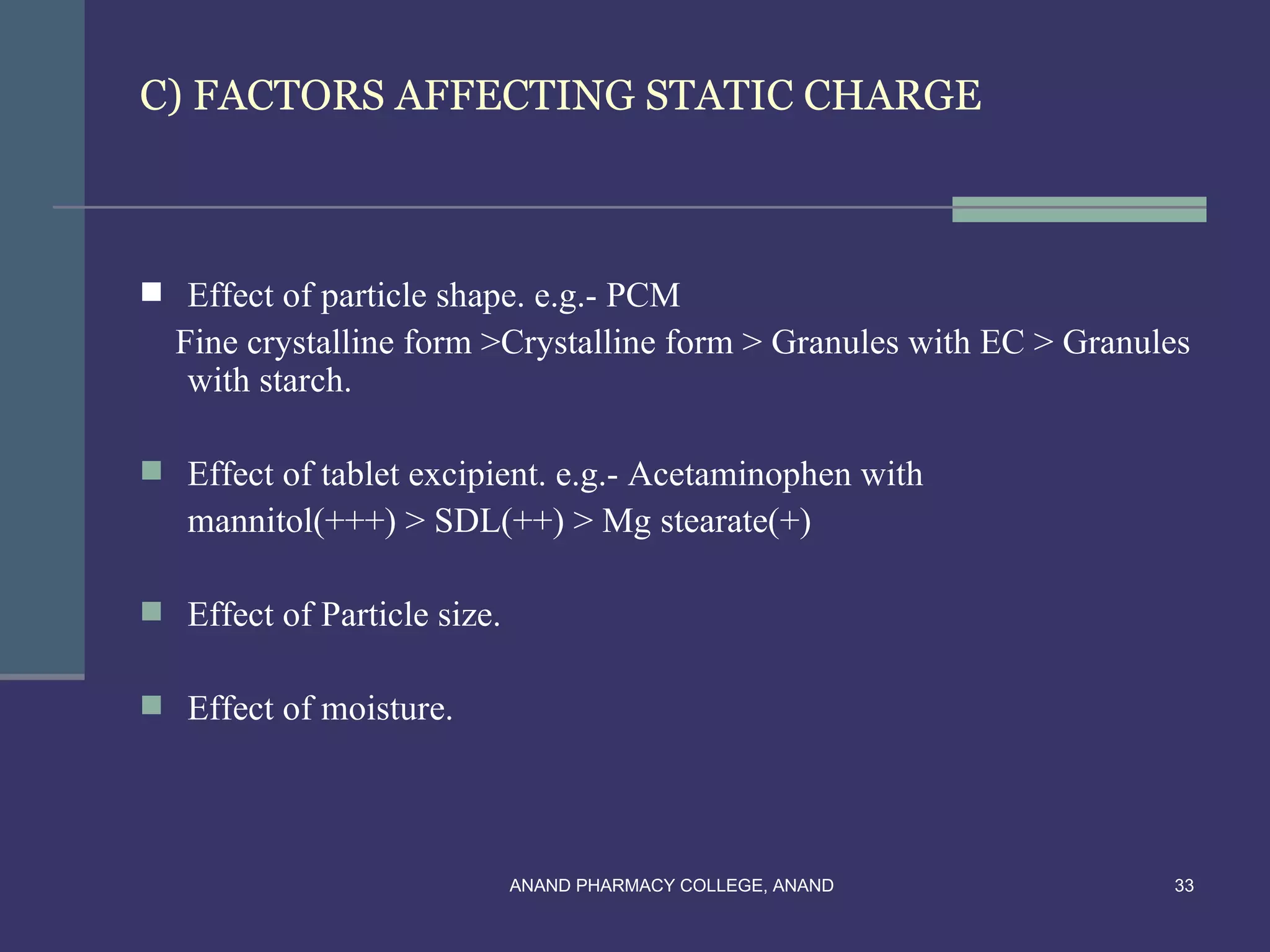 C) FACTORS AFFECTING STATIC CHARGE



 Effect of particle shape. e.g.- PCM
  Fine crystalline form >Crystalline form > Granules with EC > Granules
   with starch.

 Effect of tablet excipient. e.g.- Acetaminophen with
   mannitol(+++) > SDL(++) > Mg stearate(+)

 Effect of Particle size.

 Effect of moisture.




                             ANAND PHARMACY COLLEGE, ANAND           33
 