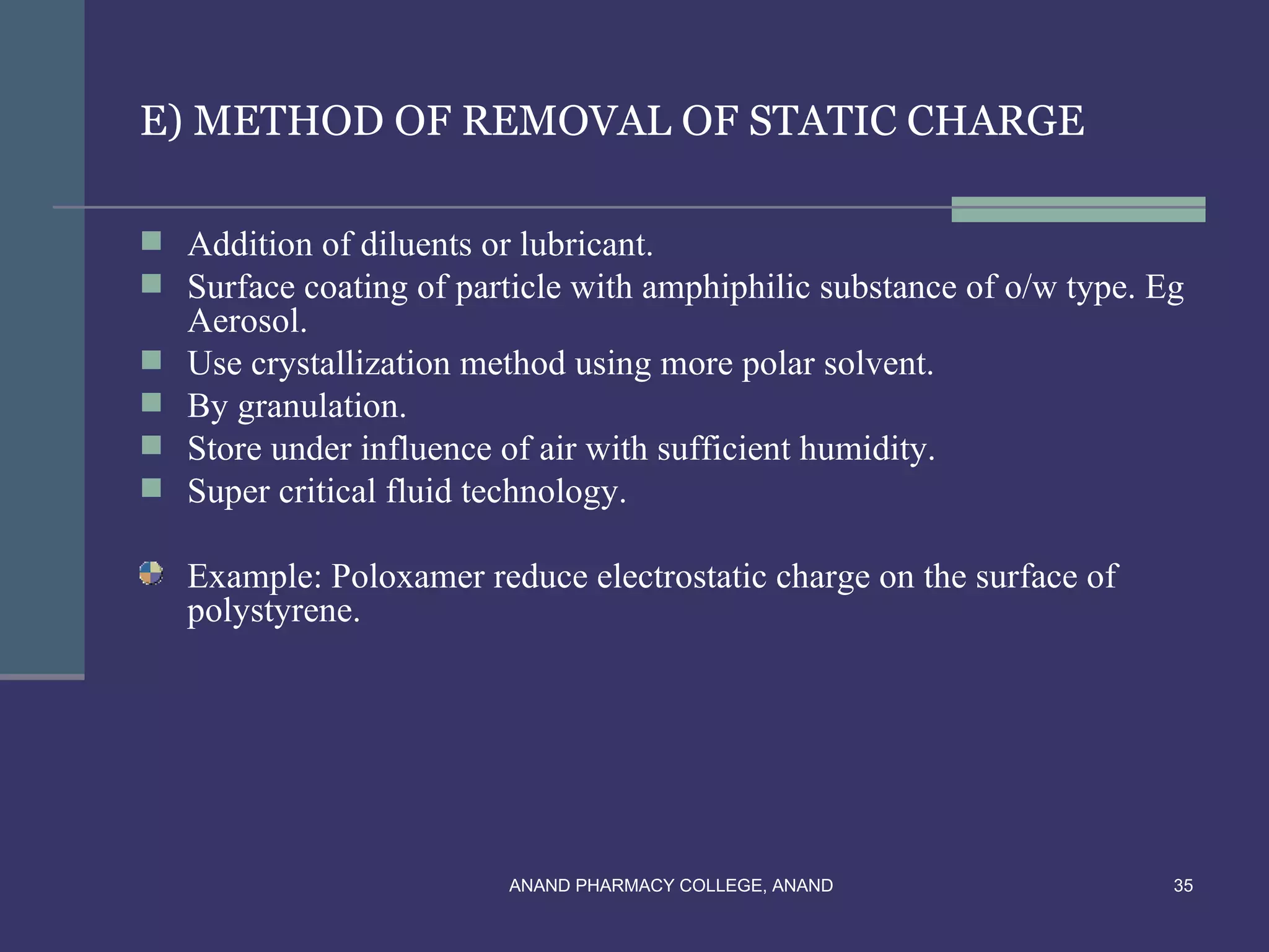 E) METHOD OF REMOVAL OF STATIC CHARGE

 Addition of diluents or lubricant.
 Surface coating of particle with amphiphilic substance of o/w type. Eg
    Aerosol.
   Use crystallization method using more polar solvent.
   By granulation.
   Store under influence of air with sufficient humidity.
   Super critical fluid technology.

    Example: Poloxamer reduce electrostatic charge on the surface of
    polystyrene.




                           ANAND PHARMACY COLLEGE, ANAND               35
 