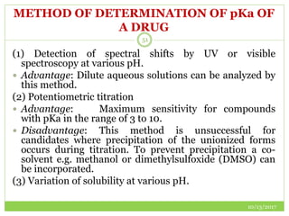 METHOD OF DETERMINATION OF pKa OF
A DRUG
10/13/2017
51
(1) Detection of spectral shifts by UV or visible
spectroscopy at various pH.
 Advantage: Dilute aqueous solutions can be analyzed by
this method.
(2) Potentiometric titration
 Advantage: Maximum sensitivity for compounds
with pKa in the range of 3 to 10.
 Disadvantage: This method is unsuccessful for
candidates where precipitation of the unionized forms
occurs during titration. To prevent precipitation a co-
solvent e.g. methanol or dimethylsulfoxide (DMSO) can
be incorporated.
(3) Variation of solubility at various pH.
 