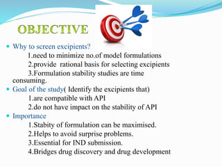  Why to screen excipients?
1.need to minimize no.of model formulations
2.provide rational basis for selecting excipients
3.Formulation stability studies are time
consuming.
 Goal of the study( Identify the excipients that)
1.are compatible with API
2.do not have impact on the stability of API
 Importance
1.Stabity of formulation can be maximised.
2.Helps to avoid surprise problems.
3.Essential for IND submission.
4.Bridges drug discovery and drug development
 