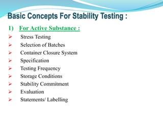 1) For Active Substance :
 Stress Testing
 Selection of Batches
 Container Closure System
 Specification
 Testing Frequency
 Storage Conditions
 Stability Commitment
 Evaluation
 Statements/ Labelling
 