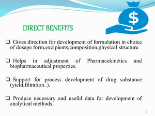 DIRECT BENEFITS
 Gives direction for development of formulation in choice
of dosage form,excipients,composition,physical structure.
 Helps in adjustment of Pharmacokinetics and
biopharmaceutical properties.
 Support for process development of drug substance
(yield,filtration..).
 Produce necessary and useful data for development of
analytical methods.
6
 