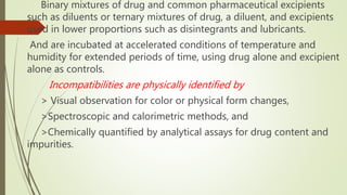 Binary mixtures of drug and common pharmaceutical excipients
such as diluents or ternary mixtures of drug, a diluent, and excipients
used in lower proportions such as disintegrants and lubricants.
And are incubated at accelerated conditions of temperature and
humidity for extended periods of time, using drug alone and excipient
alone as controls.
Incompatibilities are physically identified by
> Visual observation for color or physical form changes,
>Spectroscopic and calorimetric methods, and
>Chemically quantified by analytical assays for drug content and
impurities.
 