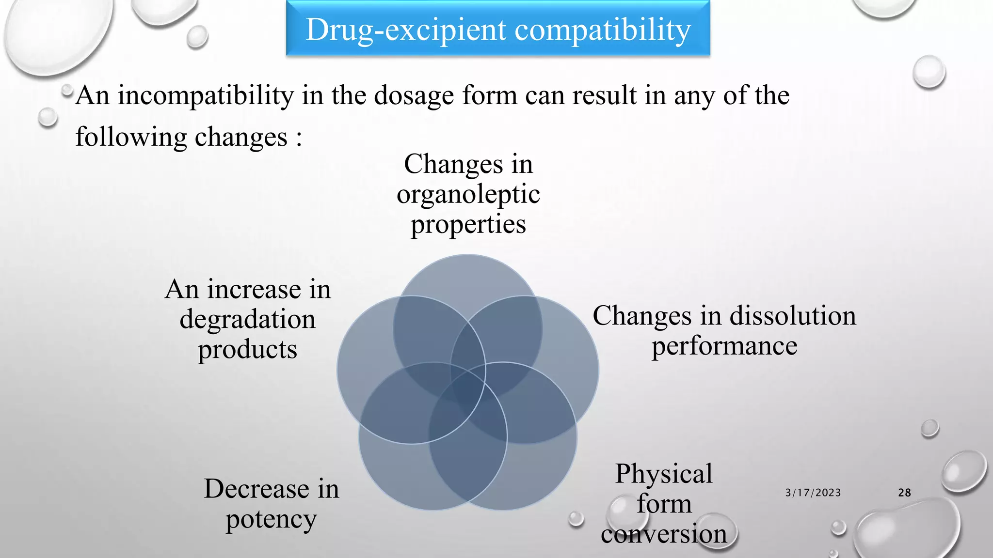 An incompatibility in the dosage form can result in any of the
following changes :
3/17/2023 28
Drug-excipient compatibility
Changes in
organoleptic
properties
Changes in dissolution
performance
Physical
form
conversion
Decrease in
potency
An increase in
degradation
products
 