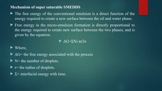 Mechanism of super saturable SMEDDS
 The free energy of the conventional emulsion is a direct function of the
energy required to create a new surface between the oil and water phase.
 Free energy in the micro-emulsion formation is directly proportional to
the energy required to create new surface between the two phases, and is
given by the equation.
 ΔG=ΣNi πr2σ
 Where,
 ΔG= the free energy associated with the process
 N= the number of droplets.
 r= the radius of droplets.
 Σ= interfacial energy with time.
 