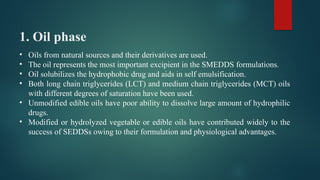 1. Oil phase
• Oils from natural sources and their derivatives are used.
• The oil represents the most important excipient in the SMEDDS formulations.
• Oil solubilizes the hydrophobic drug and aids in self emulsification.
• Both long chain triglycerides (LCT) and medium chain triglycerides (MCT) oils
with different degrees of saturation have been used.
• Unmodified edible oils have poor ability to dissolve large amount of hydrophilic
drugs.
• Modified or hydrolyzed vegetable or edible oils have contributed widely to the
success of SEDDSs owing to their formulation and physiological advantages.
 