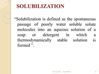 SOLUBILIZATION
“Solubilization is defined as the spontaneous
passage of poorly water soluble solute
molecules into an aque...