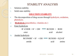 STABILITY ANALYSIS
1. Solution stability
2. Solid state stability
SOLUTION STABILITY
 The decomposition of drug occurs th...