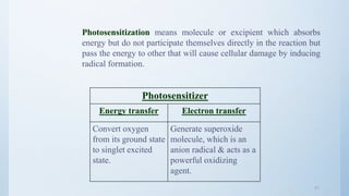 4141
Photosensitization means molecule or excipient which absorbs
energy but do not participate themselves directly in the reaction but
pass the energy to other that will cause cellular damage by inducing
radical formation.
Photosensitizer
Energy transfer Electron transfer
Convert oxygen
from its ground state
to singlet excited
state.
Generate superoxide
molecule, which is an
anion radical & acts as a
powerful oxidizing
agent.
 
