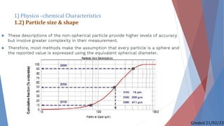  These descriptions of the non-spherical particle provide higher levels of accuracy
but involve greater complexity in their measurement.
 Therefore, most methods make the assumption that every particle is a sphere and
the reported value is expressed using the equivalent spherical diameter.
1) Physico –chemical Characteristics
1.2) Particle size & shape
Created 21/02/23
 