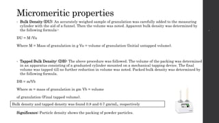 Micromeritic properties
• Bulk Density (DU): An accurately weighed sample of granulation was carefully added to the measuring
cylinder with the aid of a funnel. Then the volume was noted. Apparent bulk density was determined by
the following formula:-
DU = M /Vu
Where M = Mass of granulation in g Vu = volume of granulation (Initial untapped volume).
• Tapped Bulk Density: (DB): The above procedure was followed. The volume of the packing was determined
in an apparatus consisting of a graduated cylinder mounted on a mechanical tapping device. The final
volume was tapped till no further reduction in volume was noted. Packed bulk density was determined by
the following formula.
DB = m/Vb
Where m = mass of granulation in gm Vb = volume
of granulation (Final tapped volume).
Significance: Particle density shows the packing of powder particles.
Bulk density and tapped density was found 0.8 and 0.7 gm/mL, respectively
 