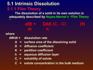 5.1 Intrinsic Dissolution
5.1.1 Film Theory
     The dissolution of a solid in its own solution is
  adequately described by Noyes-Nernst’s “Film Theory
  ”
             -dW =       DAK (Cs - C)            (9)
               dt         h
where
  dW/dt =    dissolution rate
      A =    surface area of the dissolving solid
      D =    diffusion coefficient
      K =    partition coefficient
      h =    aqueous diffusion layer
      Cs =   solubility of solute
      C =    solute concentration in the bulk medium
 