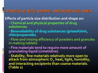 3. PARTICLE SIZE, SHAPE, AND SURFACE AREA3. PARTICLE SIZE, SHAPE, AND SURFACE AREA
Effects of particle size distribution and shape on:
- Chemical and physical properties of drug
substances.
- Bioavailability of drug substances (griseofulvin,
chlorpropamide).
- Flow and mixing efficiency of powders and granules
in making tablets.
- Fine materials tend to require more amount of
granulating liquid (cimetidine).
- Stability, fine materials relatively more open to
attack from atmospheric O2, heat, light, humidity,
and interacting excipients than coarse materials.
(Table 2)
 
