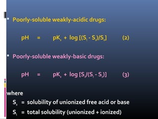  Poorly-soluble weakly-acidic drugs:
pH = pKa + log [(St - So)/So] (2)
 Poorly-soluble weakly-basic drugs:
pH = pKa + log [So/(St - So)] (3)
where
So = solubility of unionized free acid or base
St = total solubility (unionized + ionized)
 