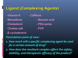 Ligand (Complexing Agents)Ligand (Complexing Agents)
- Vitamin K - Caffeine
- Menadione - Benzoic acid
- Cholesterol - PEG series
- Cholate salt - PVP
- β-cyclodextrin
Formulation point of view:
1. How much will a specific complexing agent be used
for a certain amount of drug?
2. How does the resultant complex affect the safety,
stability, and therapeutic efficacy of the product?
 