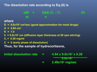 The dissolution rate according to Eq.(9) is
-dW = DAK (Cs - C) (9)
dt h
where
D = 9.0x10-6
cm2
/sec (good approximation for most drugs)
A = 4.94 cm2
K = 1.0
h = 5.0x10-3
cm (diffusion layer thickness at 50 rpm stirring)
Cs = 0.28 mg/ml
C = 0 (early phase of dissolution)
Thus, for the sample of hydrocortisone,
Initial dissolution rate = 4.94 x 9.0x10-6
x 0.28
5.0x10-3
= 2.49x10-3
mg/sec
 