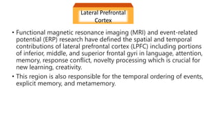 Lateral Prefrontal
Cortex
• Functional magnetic resonance imaging (MRI) and event-related
potential (ERP) research have defined the spatial and temporal
contributions of lateral prefrontal cortex (LPFC) including portions
of inferior, middle, and superior frontal gyri in language, attention,
memory, response conflict, novelty processing which is crucial for
new learning, creativity.
• This region is also responsible for the temporal ordering of events,
explicit memory, and metamemory.
 
