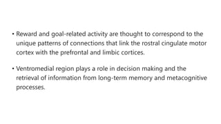 • Reward and goal-related activity are thought to correspond to the
unique patterns of connections that link the rostral cingulate motor
cortex with the prefrontal and limbic cortices.
• Ventromedial region plays a role in decision making and the
retrieval of information from long-term memory and metacognitive
processes.
 
