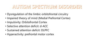 • Dysregulation of the limbic-orbitofrontal circuitry
• Impaired theory of mind (Medial Prefrontal Cortex)
• Impulsivity: Orbitofrontal Cortex
• Selective attention deficit: d-ACC
• Sustained attention deficit: DLPFC
• Hyperactivity: prefrontal motor cortex
 