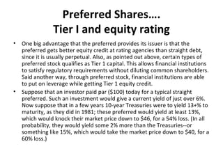 Preferred Shares….
Tier I and equity rating
• One big advantage that the preferred provides its issuer is that the
preferred gets better equity credit at rating agencies than straight debt,
since it is usually perpetual. Also, as pointed out above, certain types of
preferred stock qualifies as Tier 1 capital. This allows financial institutions
to satisfy regulatory requirements without diluting common shareholders.
Said another way, through preferred stock, financial institutions are able
to put on leverage while getting Tier 1 equity credit.
• Suppose that an investor paid par ($100) today for a typical straight
preferred. Such an investment would give a current yield of just over 6%.
Now suppose that in a few years 10-year Treasuries were to yield 13+% to
maturity, as they did in 1981; these preferred would yield at least 13%,
which would knock their market price down to $46, for a 54% loss. (In all
probability, they would yield some 2% more than the Treasuries--or
something like 15%, which would take the market price down to $40, for a
60% loss.)
 