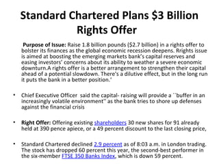 Standard Chartered Plans $3 Billion
Rights Offer
Purpose of Issue: Raise 1.8 billion pounds ($2.7 billion) in a rights offer to
bolster its finances as the global economic recession deepens. Rrights issue
is aimed at boosting the emerging markets bank’s capital reserves and
easing investors’ concerns about its ability to weather a severe economic
downturn.A rights offer is a better arrangement to strengthen their capital
ahead of a potential slowdown. There's a dilutive effect, but in the long run
it puts the bank in a better position.‘
• Chief Executive Officer said the capital- raising will provide a ``buffer in an
increasingly volatile environment'' as the bank tries to shore up defenses
against the financial crisis
• Right Offer: Offering existing shareholders 30 new shares for 91 already
held at 390 pence apiece, or a 49 percent discount to the last closing price,
• Standard Chartered declined 2.9 percent as of 8:03 a.m. in London trading.
The stock has dropped 60 percent this year, the second-best performer in
the six-member FTSE 350 Banks Index, which is down 59 percent.
 