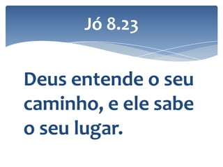 Jó 8.23

Deus entende o seu
caminho, e ele sabe
o seu lugar.

 