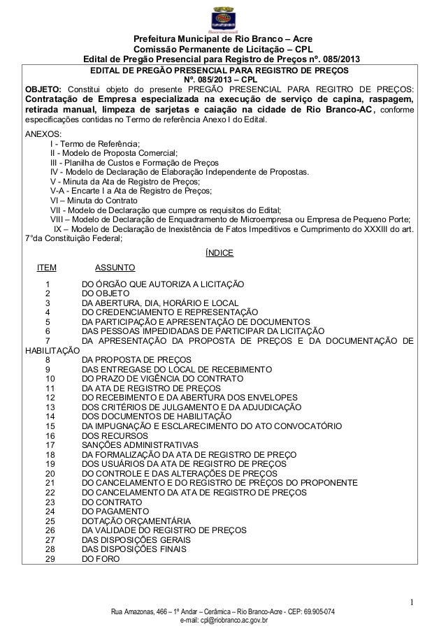 Pregao nº 085 2013 - serviços de capina - raspagem manual Pregao nº 085 2013 - serviços de capina - raspagem manual