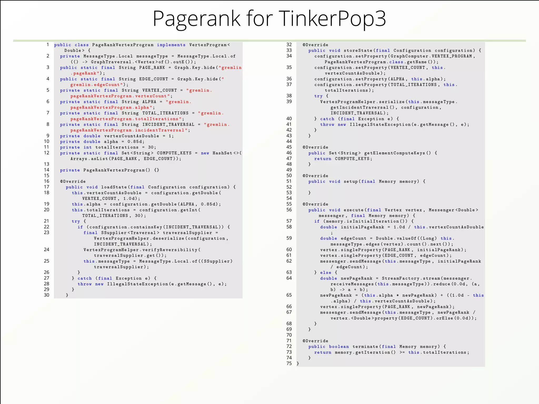 Pagerank for TinkerPop3
1 public class PageRankVertexProgram implements VertexProgram <
Double > {
2 private MessageType.Local messageType = MessageType.Local.of
(() -> GraphTraversal.<Vertex >of().outE());
3 public static final String PAGE_RANK = Graph.Key.hide("gremlin
.pageRank");
4 public static final String EDGE_COUNT = Graph.Key.hide("
gremlin.edgeCount");
5 private static final String VERTEX_COUNT = "gremlin.
pageRankVertexProgram.vertexCount";
6 private static final String ALPHA = "gremlin.
pageRankVertexProgram.alpha";
7 private static final String TOTAL_ITERATIONS = "gremlin.
pageRankVertexProgram.totalIterations";
8 private static final String INCIDENT_TRAVERSAL = "gremlin.
pageRankVertexProgram.incidentTraversal";
9 private double vertexCountAsDouble = 1;
10 private double alpha = 0.85d;
11 private int totalIterations = 30;
12 private static final Set <String > COMPUTE_KEYS = new HashSet <>(
Arrays.asList(PAGE_RANK , EDGE_COUNT));
13
14 private PageRankVertexProgram () {}
15
16 @Override
17 public void loadState(final Configuration configuration) {
18 this.vertexCountAsDouble = configuration.getDouble(
VERTEX_COUNT , 1.0d);
19 this.alpha = configuration.getDouble(ALPHA , 0.85d);
20 this.totalIterations = configuration.getInt(
TOTAL_ITERATIONS , 30);
21 try {
22 if (configuration.containsKey(INCIDENT_TRAVERSAL)) {
23 final SSupplier <Traversal > traversalSupplier =
VertexProgramHelper.deserialize(configuration ,
INCIDENT_TRAVERSAL);
24 VertexProgramHelper.verifyReversibility(
traversalSupplier.get());
25 this.messageType = MessageType.Local.of(( SSupplier)
traversalSupplier);
26 }
27 } catch (final Exception e) {
28 throw new IllegalStateException(e.getMessage (), e);
29 }
30 }
32 @Override
33 public void storeState(final Configuration configuration) {
34 configuration.setProperty(GraphComputer.VERTEX_PROGRAM ,
PageRankVertexProgram.class.getName ());
35 configuration.setProperty(VERTEX_COUNT , this.
vertexCountAsDouble);
36 configuration.setProperty(ALPHA , this.alpha);
37 configuration.setProperty(TOTAL_ITERATIONS , this.
totalIterations);
38 try {
39 VertexProgramHelper.serialize(this.messageType.
getIncidentTraversal (), configuration ,
INCIDENT_TRAVERSAL);
40 } catch (final Exception e) {
41 throw new IllegalStateException(e.getMessage (), e);
42 }
43 }
44
45 @Override
46 public Set <String > getElementComputeKeys () {
47 return COMPUTE_KEYS;
48 }
49
50 @Override
51 public void setup(final Memory memory) {
52
53 }
54
55 @Override
56 public void execute(final Vertex vertex , Messenger <Double >
messenger , final Memory memory) {
57 if (memory.isInitialIteration ()) {
58 double initialPageRank = 1.0d / this.vertexCountAsDouble
;
59 double edgeCount = Double.valueOf ((Long) this.
messageType.edges(vertex).count().next());
60 vertex.singleProperty(PAGE_RANK , initialPageRank);
61 vertex.singleProperty(EDGE_COUNT , edgeCount);
62 messenger.sendMessage(this.messageType , initialPageRank
/ edgeCount);
63 } else {
64 double newPageRank = StreamFactory.stream(messenger.
receiveMessages(this.messageType)).reduce (0.0d, (a,
b) -> a + b);
65 newPageRank = (this.alpha * newPageRank) + ((1.0d - this
.alpha) / this.vertexCountAsDouble);
66 vertex.singleProperty(PAGE_RANK , newPageRank);
67 messenger.sendMessage(this.messageType , newPageRank /
vertex.<Double >property(EDGE_COUNT).orElse (0.0d));
68 }
69 }
70
71 @Override
72 public boolean terminate(final Memory memory) {
73 return memory.getIteration () >= this.totalIterations;
74 }
75 }
 